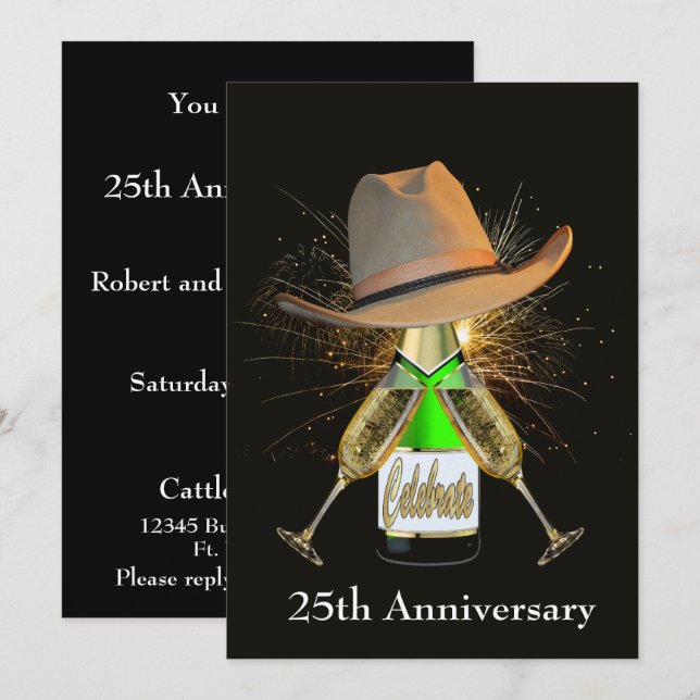 Invitación Fiesta Occidental Champagne Y Sombrero De Vaquero  (Anverso / Reverso)