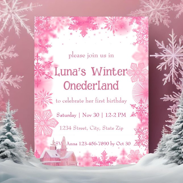 Invitación Fiesta Onederland de invierno con copo de nieve ro (Subido por el creador)