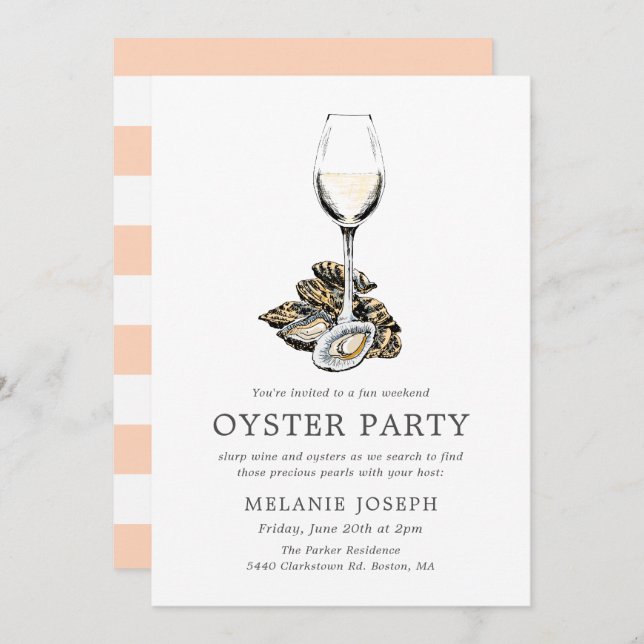 Invitación Fiesta Oyster Pearl Party | Rayas de melocotón (Anverso / Reverso)