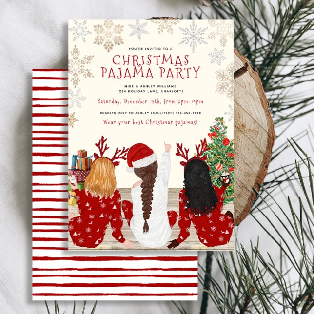 Invitación Fiesta Pajama de color rojo y blanco moderno (Set the tone for a cozy, winter Christmas pajama party with these cute, easy to personalize invites)