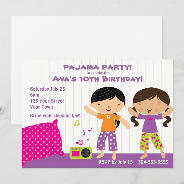Invitación Fiesta Pajama para Chicas (Anverso / Reverso)