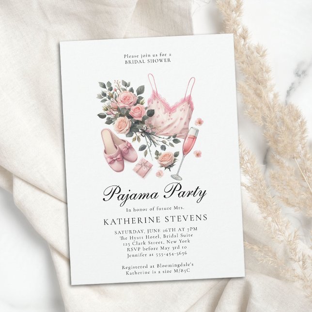 Invitación Fiesta Pajama Rosas de lencería Moda ducha de novi (pajama party bridal shower pj slumber sleepover champagne roses watercolor pink elegant classy chic)