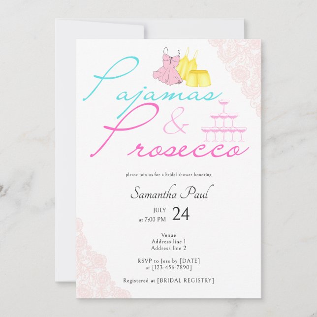 Invitación Fiesta Pajama Slumber PJs y ducha de novia Prosecc (Anverso)