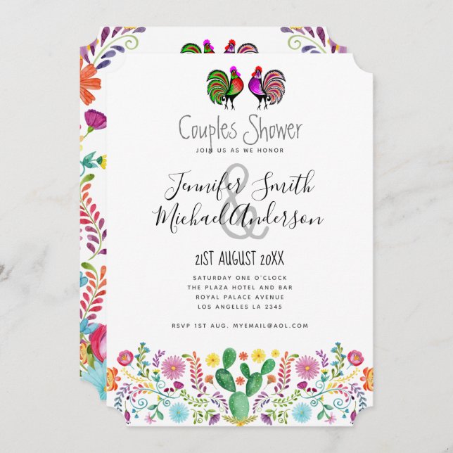 Invitación Fiesta para Ducha de Parejas Flores de Arte Folcló (Anverso / Reverso)