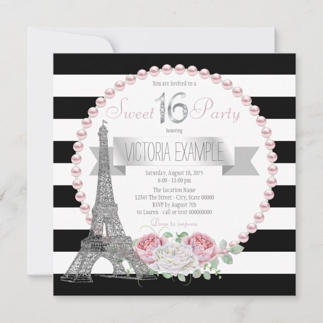 Invitación Fiesta Paris Sweet 16 con Raya Negra (Anverso)