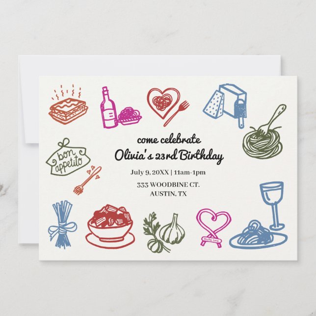Invitación Fiesta pasta italiano colorido cumpleaños (Anverso)