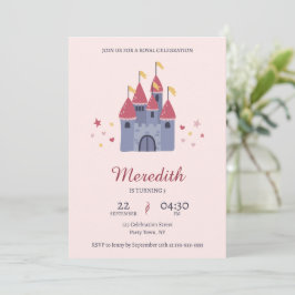 Invitación Fiesta Pastel Rosa Encantado Castillo Corazones y 