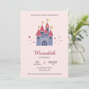 Invitación Fiesta Pastel Rosa Encantado Castillo Corazones y