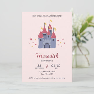 Invitación Fiesta Pastel Rosa Encantado Castillo Corazones y 