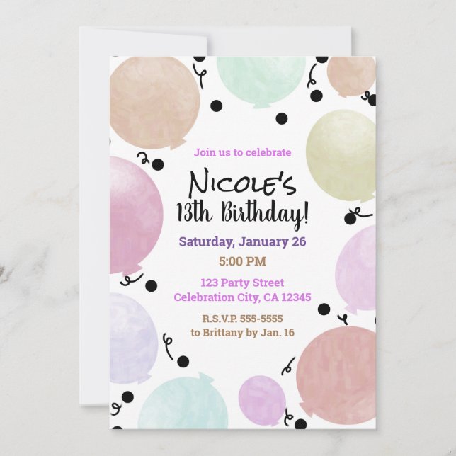 Invitación Fiesta Pastel Rosado Globos Celebración de cumplea (Anverso)
