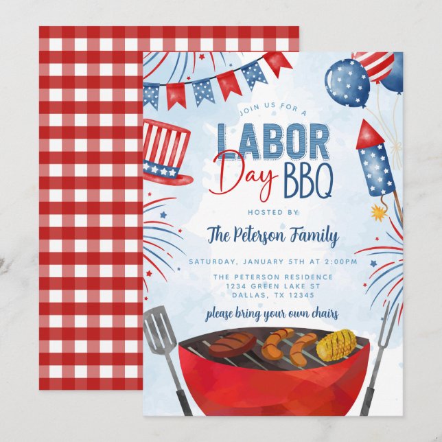 Invitación Fiesta Patriótica de Barbacoa del Día del Trabajo (Anverso / Reverso)