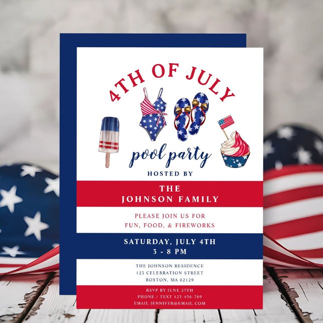 Invitación Fiesta patriótico de la piscina de blanco y azul d (Patriotic Red White & Blue July Pool Party 4th Of Invitation Card.)