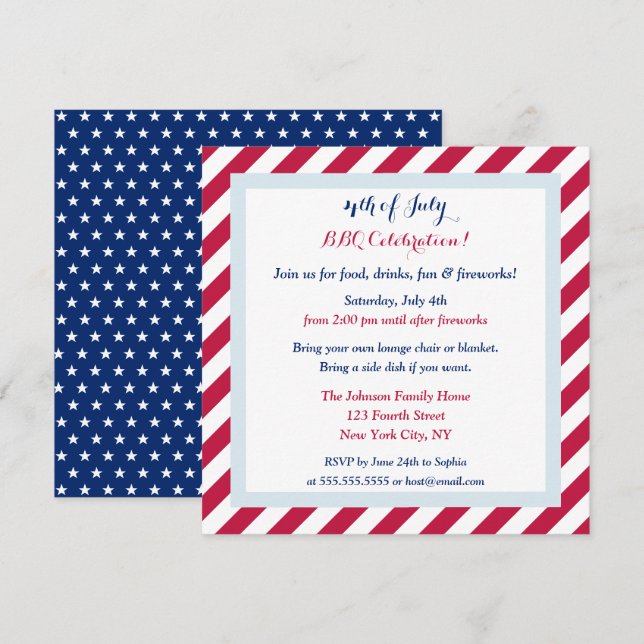 Invitación Fiesta Patriótico Rojo Blanco y Azul del 4 de juli (Anverso / Reverso)