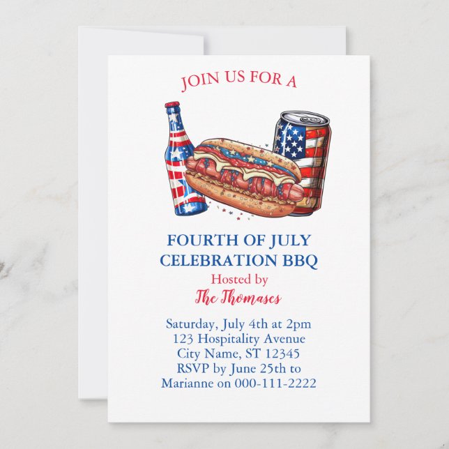 Invitación Fiesta Patriótico Rojo Blanco y Azul del 4 de juli (Anverso)