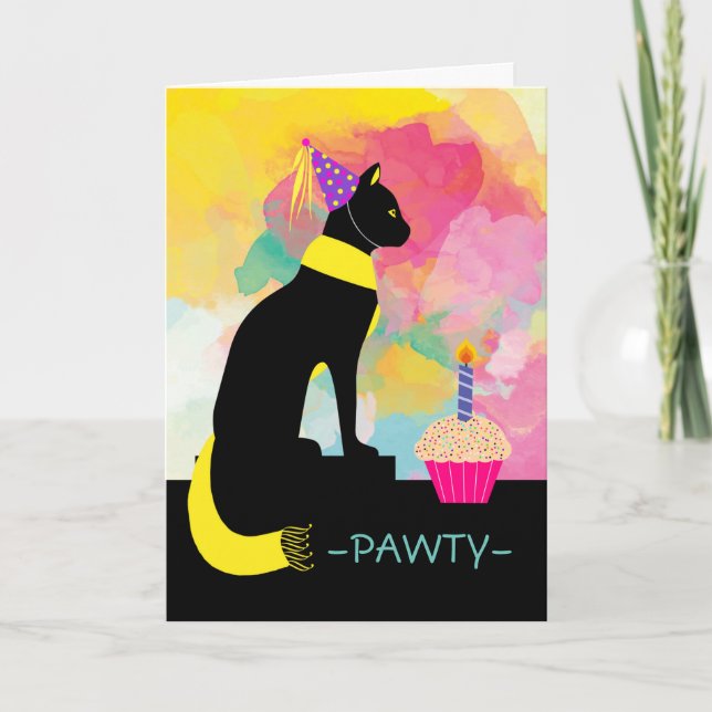 Invitación fiesta PAWTY con gato negro y pintura (Anverso)