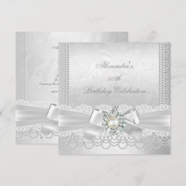 Invitación Fiesta Pearl Lace Damask Diamond Silver White Bow (Anverso / Reverso)