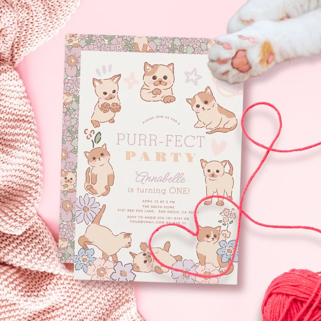 Invitación Fiesta perfecto Cute Cats Chica Floral Primer cump (Subido por el creador)