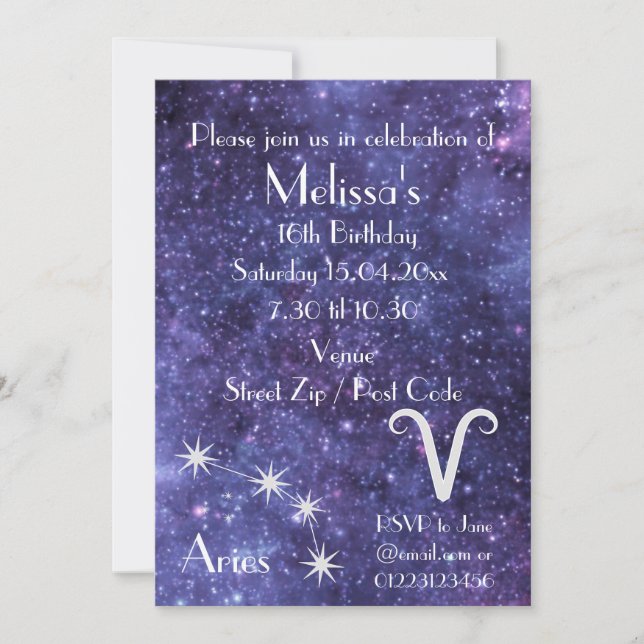 Invitación Fiesta Personalizada de Aries Zodiaco Galaxia (Anverso)
