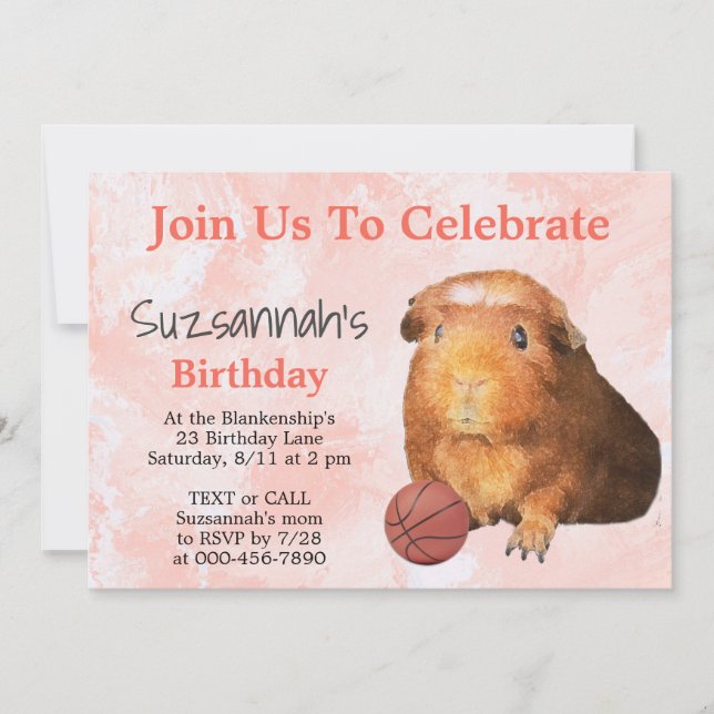 Invitación Fiesta personalizada de baloncesto con cobaya jeng (Anverso)