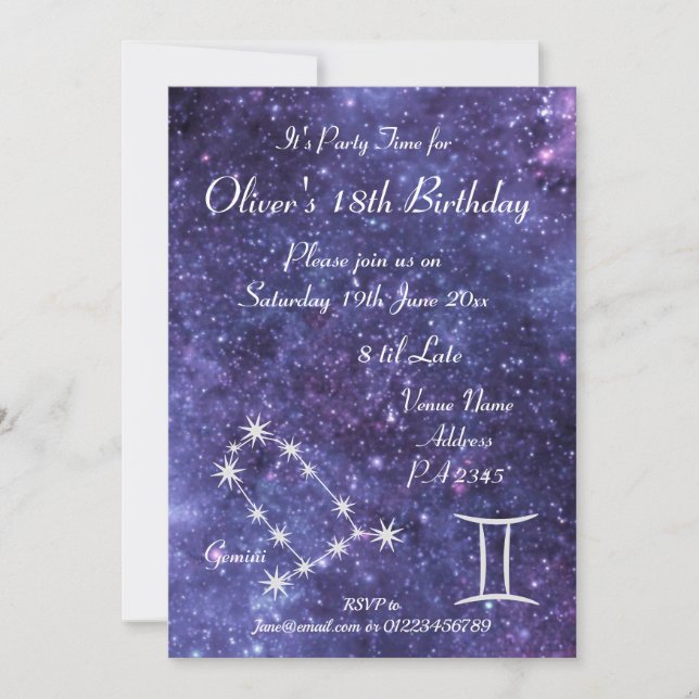 Invitación Fiesta Personalizada de Gemini Zodiaco Galaxia (Anverso)
