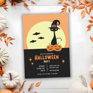 Invitación Fiesta Personalizada de Halloween Gato Negro Retro