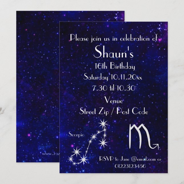 Invitación Fiesta Personalizada de la Galaxia del Zodiaco de  (Anverso / Reverso)