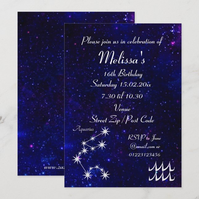 Invitación Fiesta personalizada de la galaxia del zodíaco de  (Anverso / Reverso)