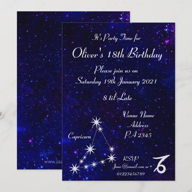 Invitación Fiesta personalizada de la galaxia del zodiaco de  (Anverso / Reverso)
