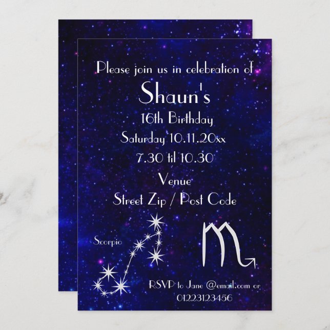 Invitación Fiesta personalizada de la galaxia del zodiaco Esc (Anverso / Reverso)