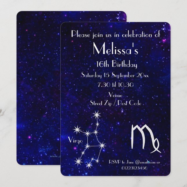 Invitación Fiesta Personalizada de la Galaxia del Zodiaco Vir (Anverso / Reverso)