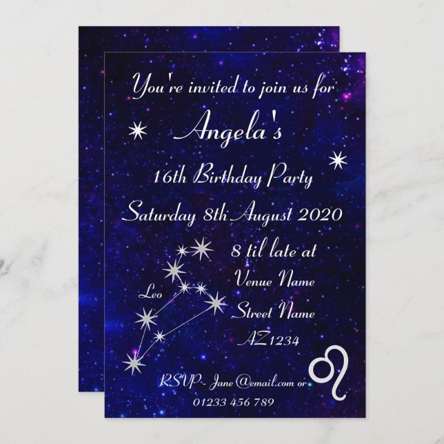 Invitación Fiesta Personalizada de la Galaxia Leo del Zodiaco (Anverso / Reverso)