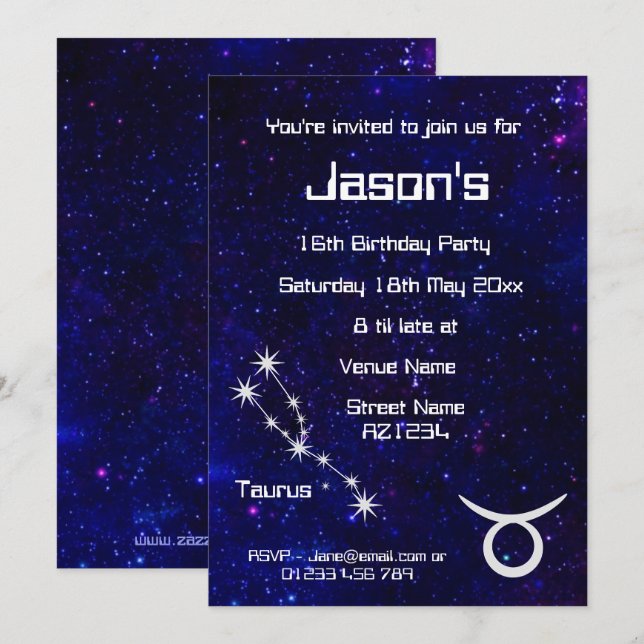 Invitación Fiesta Personalizada de la Zodiaco Tauro Galaxia (Anverso / Reverso)