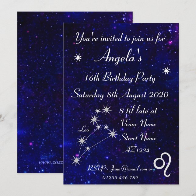 Invitación Fiesta Personalizada de Zodiaco Leo Galaxia (Anverso / Reverso)