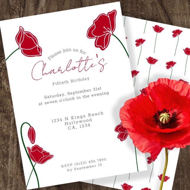 Invitación Fiesta personalizado de la flor de amapola roja (Red Poppy Flower Personalized Party Invitation by Ricaso. Ideal for occasions including birthdays)