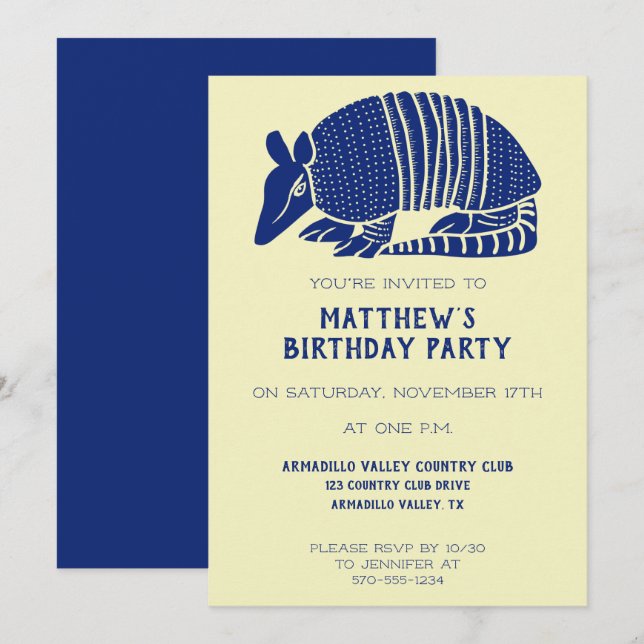 Invitación Fiesta personalizado de Navy Blue y Cream Armadill (Anverso / Reverso)