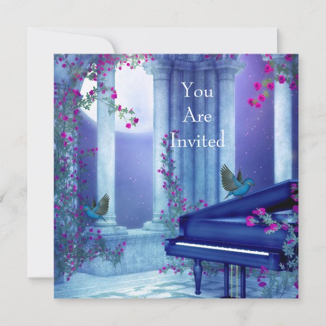 Invitación Fiesta Piano Pájaros Claro de Luna Azul (Anverso)