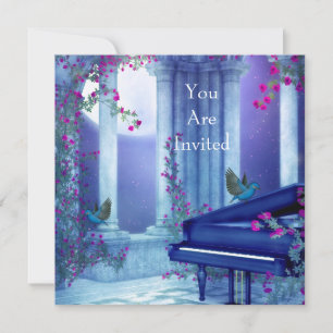 Invitación Fiesta Piano Pájaros Claro de Luna Azul