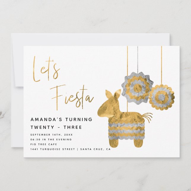 Invitación Fiesta Piñata Faux Relieve metalizado dorado Cumpl (Anverso)