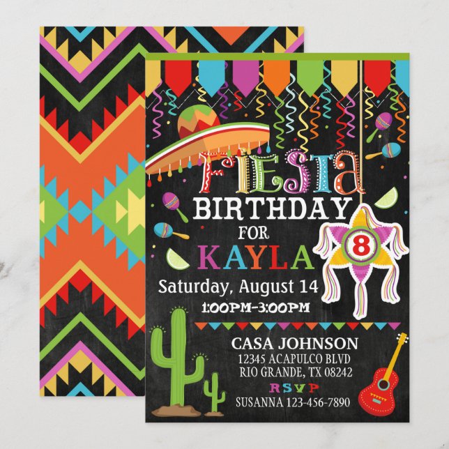 Invitación Fiesta Pinata Fiesta Colores Brillantes Cumpleaños (Anverso / Reverso)