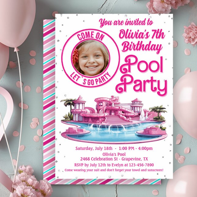 Invitación Fiesta Pink Malibu Doll Pool (Cute Malibu doll pool party invitation with spot for your photo. Any age - simply add your details.)