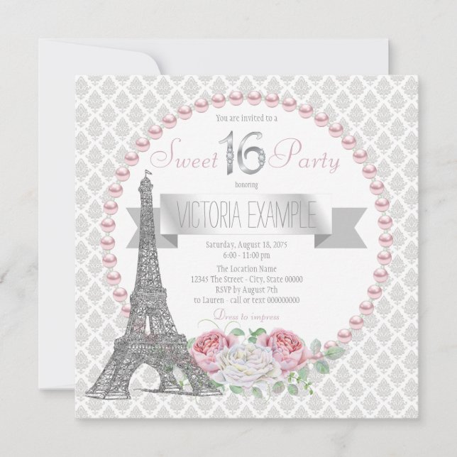 Invitación Fiesta Pink Pearl Paris Dulces 16 (Anverso)