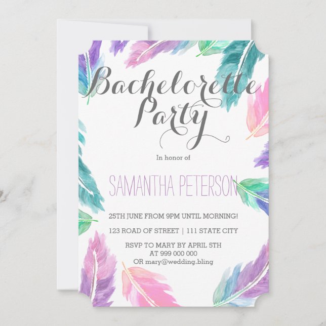 Invitación Fiesta pintado del bachelorette de las plumas de (Anverso)