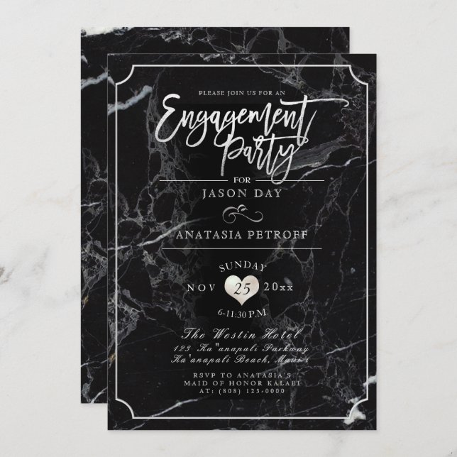 Invitación Fiesta PixDezines Marble/Faux Silver/Engagement (Anverso / Reverso)