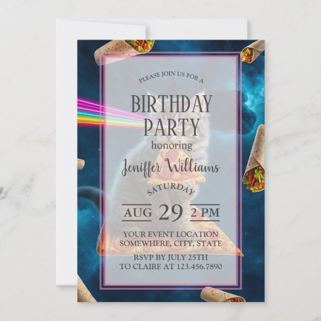 Invitación Fiesta Pizza Cat Láser (Anverso)