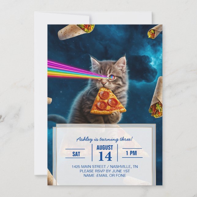 Invitación Fiesta Pizza Cat Láser (Anverso)