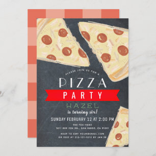 Invitación Fiesta Pizza Chalkboard Red Gingham Cumpleaños