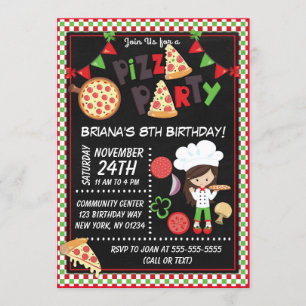 Invitación Fiesta Pizza Chica de pelo marrón hijos Fiesta de