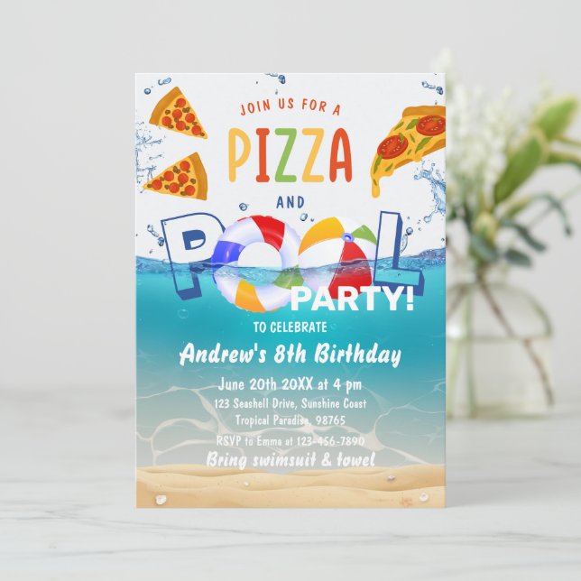 Invitación Fiesta Pizza y Piscina Aniversario del agua (Anverso de pie)