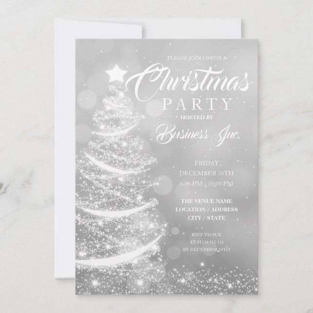 Invitación FIESTA plateado de árbol de Navidad EMPRESARIAL (Anverso)