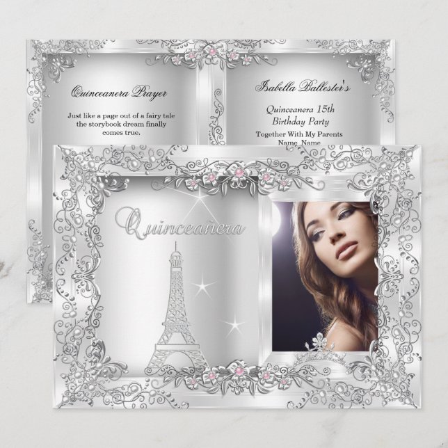Invitación Fiesta plateado Princesa Quinceanera (Anverso / Reverso)